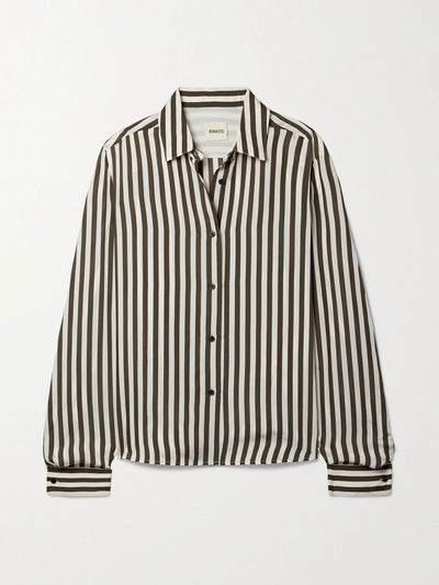 Khaite Dark brown and ivory striped satin shirt at Collagerie