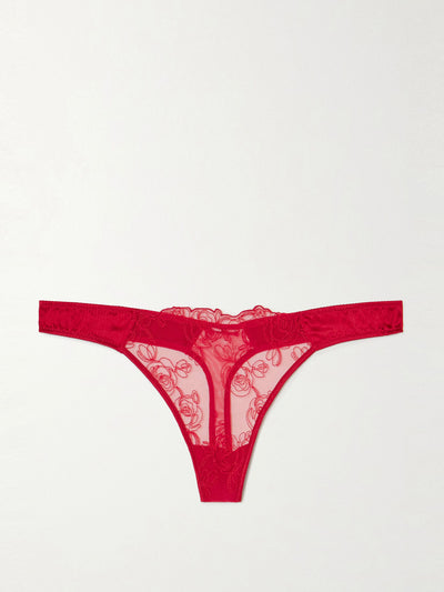 Kiki de Montparnasse La Rose embroidered tulle and stretch-silk charmeuse thong at Collagerie