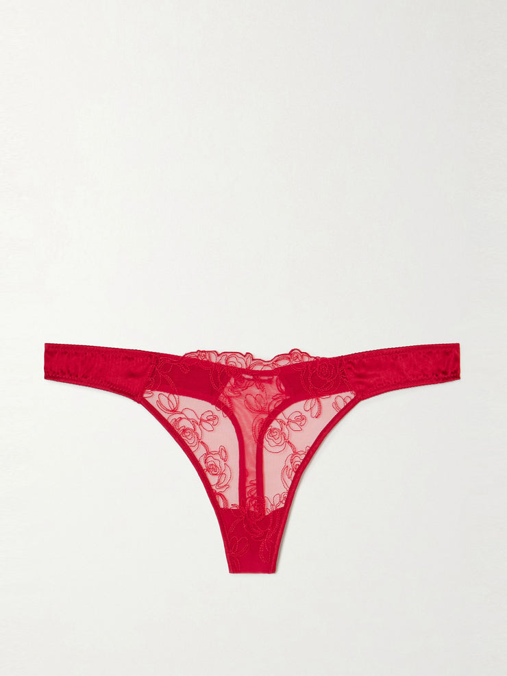 La Rose embroidered tulle and stretch-silk charmeuse thong Clothing Kiki de Montparnasse - Collagerie