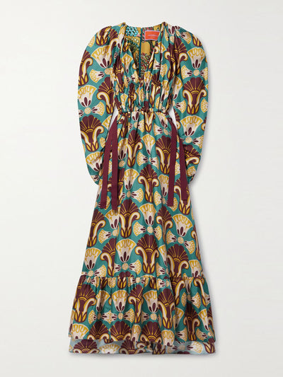 La DoubleJ Biennale gathered printed silk-twill maxi dress at Collagerie