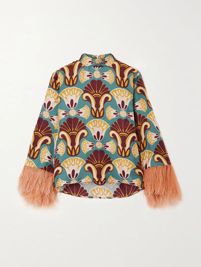 La DoubleJ Feather-trimmed printed silk-twill top at Collagerie