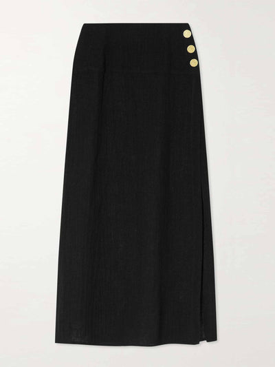 Le Kasha Linen wrap maxi skirt with buttons at Collagerie