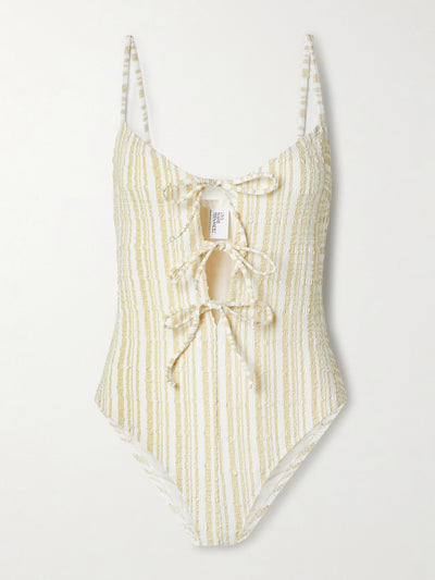 Lisa Marie Fernandez Tie-front striped seersucker swimsuit at Collagerie