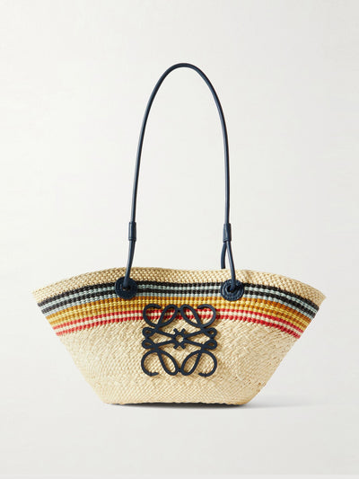 Loewe Paula's Ibiza Anagram Basket small leather-trimmed striped raffia tote at Collagerie