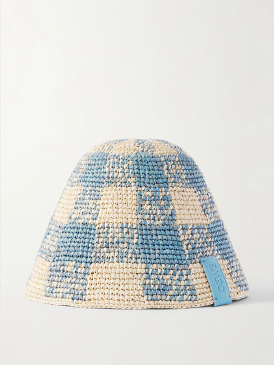 Loewe Paula's Ibiza Leather-trimmed checked raffia bucket hat at Collagerie