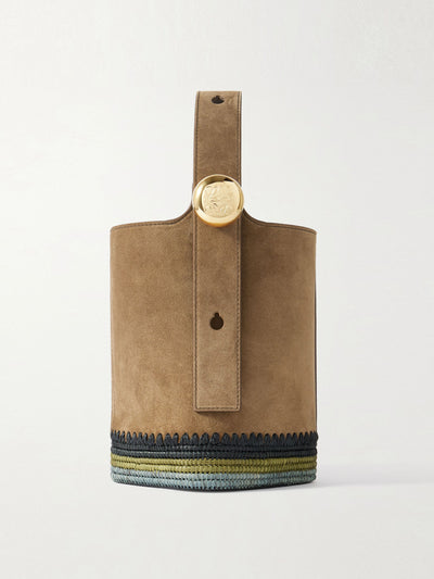 Loewe Paula's Ibiza Pebble mini striped raffia-trimmed suede tote at Collagerie