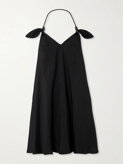 Loewe Flamenco knotted leather-trimmed twill halterneck mini dress at Collagerie