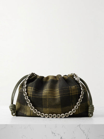Loewe Flamenco medium leather-trimmed checked suede shoulder bag at Collagerie