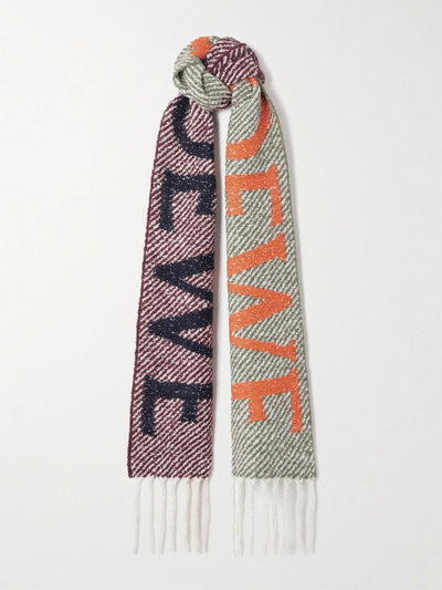 Loewe Fringed intarsia-knit alpaca-blend bouclé scarf at Collagerie