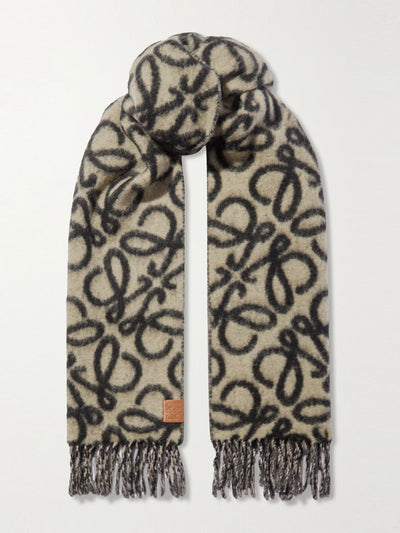 Loewe Fringed jacquard-knit scarf in beige at Collagerie