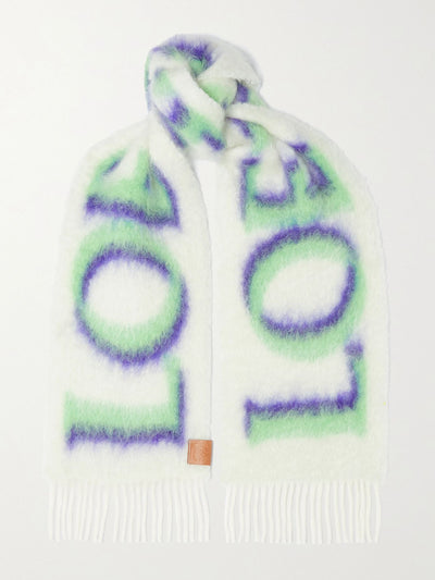 Loewe Fringed printed knitted scarf at Collagerie