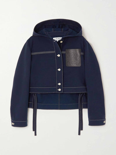 Loewe Blue hooded leather-trimmed cotton-blend twill jacket at Collagerie