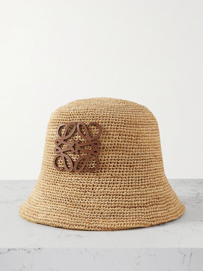 Loewe Paula'S Ibiza Leather-trimmed raffia bucket hat at Collagerie