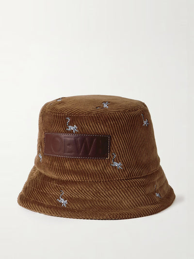 Loewe Leather-trimmed embroidered cotton-corduroy bucket hat at Collagerie