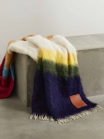 Loewe Leather-trimmed fringed striped mohair-blend blanket at Collagerie