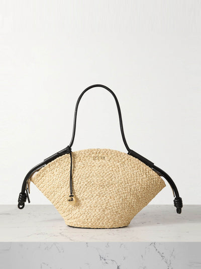 Loewe Paseo Small leather-trimmed raffia tote at Collagerie