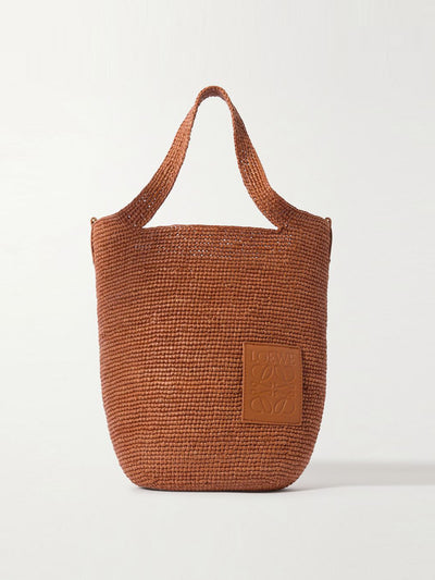 Loewe Paula's Ibiza Slit embossed leather-trimmed raffia tote bag at Collagerie