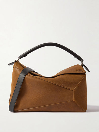 Loewe Puzzle Edge large leather-trimmed suede shoulder bag at Collagerie