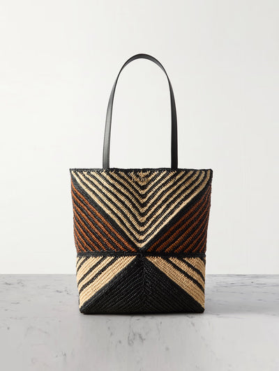 Loewe x Paula's Ibiza Puzzle Fold medium convertible leather-trimmed striped raffia tote at Collagerie