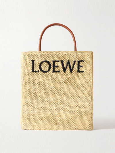 Loewe Leather-trimmed embroidered raffia tote at Collagerie