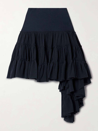 Loewe Ribbed jersey-trimmed ruffled silk-crepe mini skirt at Collagerie