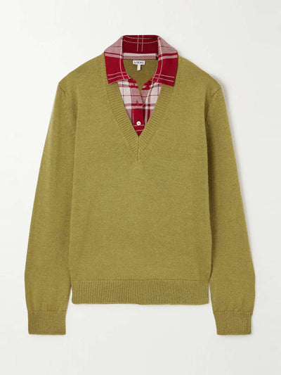 Loewe Paneled checked silk blend-trimmed knitted sweater at Collagerie
