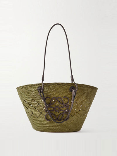 Loewe X Paula'S Ibiza Anagram medium appliquéd leather-trimmed perforated raffia tote at Collagerie