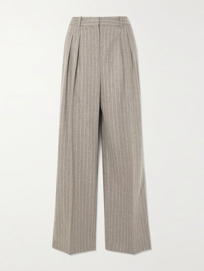 Loulou Studio Beige pleated pinstriped wool and cashmere-blend wide-leg pants at Collagerie