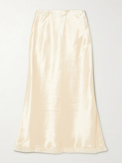 Loveshackfancy Castle frayed satin midi skirt at Collagerie