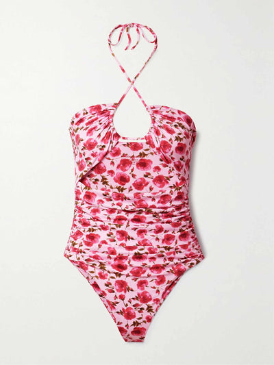 Magda Butrym Cutout ruched floral-print halterneck swimsuit at Collagerie