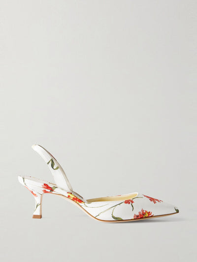 Manolo Blahnik Carolyne 50 floral-print satin slingback pumps at Collagerie