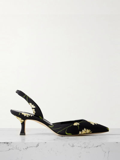 Manolo Blahnik Carolyne 50 floral-print satin slingback pumps at Collagerie