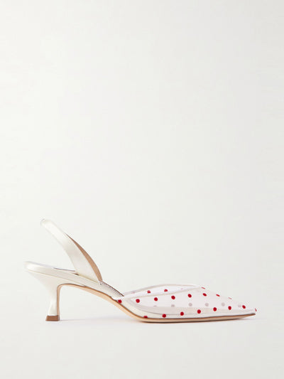 Manolo Blahnik Carolyne 50 polka-dot flocked mesh and satin slingback pumps at Collagerie
