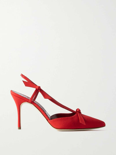 Manolo Blahnik Corintia 90 bow-embellished crepe de chine slingback pumps at Collagerie