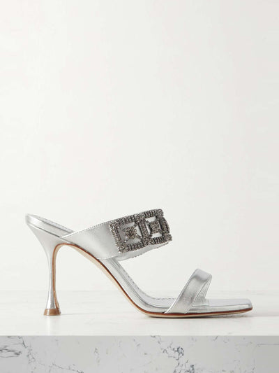 Manolo Blahnik Larapa 90 crystal-embellished metallic leather sandals at Collagerie