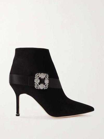 Manolo Blahnik Crystal embellished satin trimmed suede ankle boots at Collagerie