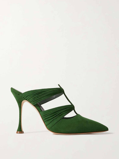 Manolo Blahnik Kerua 105 cutout gathered suede mules at Collagerie