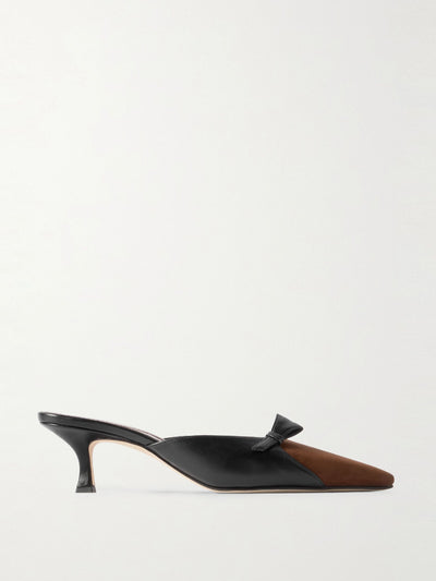 Manolo Blahnik Limormu 50 bow-detailed two-tone leather and suede mules at Collagerie