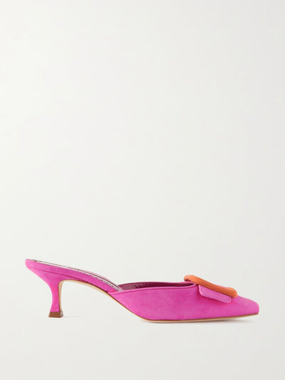 Manolo Blahnik Maysale 50 buckled suede mules at Collagerie