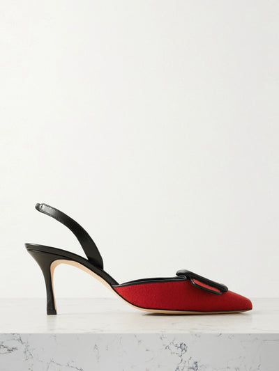 Manolo Blahnik Mayslibi 70 buckled leather-trimmed velvet slingback pumps at Collagerie