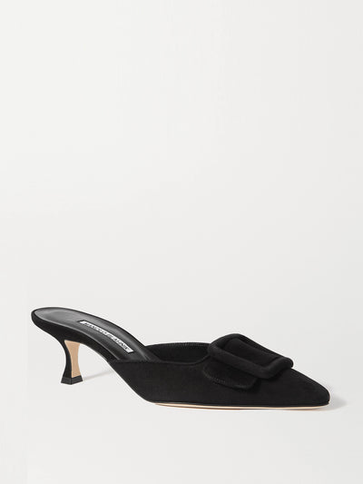 Manolo Blahnik Maysale 50 buckled suede mules at Collagerie