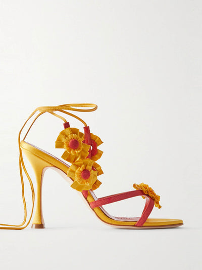 Manolo Blahnik Palissot leather-trimmed appliquéd grosgrain and satin sandals at Collagerie