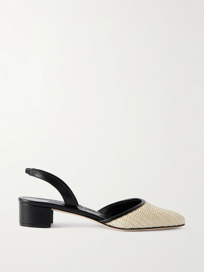 Manolo Blahnik Raffro 30 leather-trimmed raffia slingback pumps at Collagerie