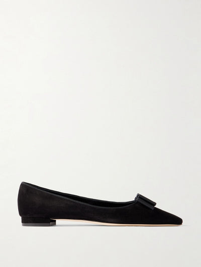 Manolo Blahnik Reador 10 bow-detailed suede point-toe flats at Collagerie