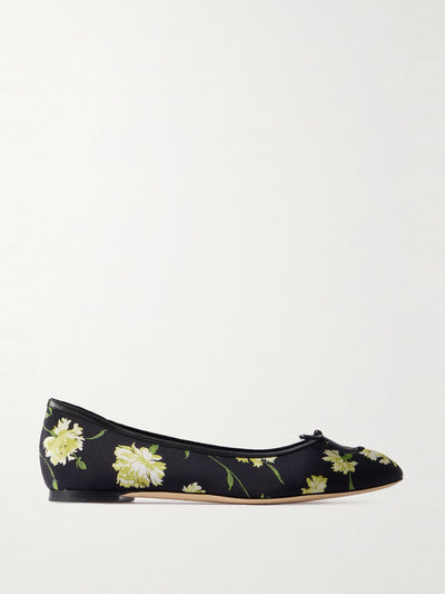 Manolo Blahnik Verallim 10 bow-detailed leather-trimmed floral-print satin ballet flats at Collagerie