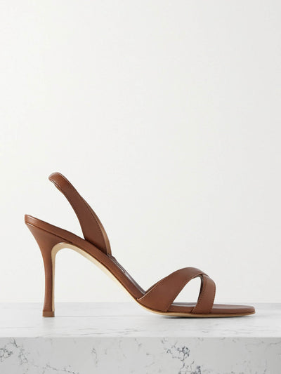 Manolo Blahnik Tan Callasli 90 leather slingback sandals at Collagerie