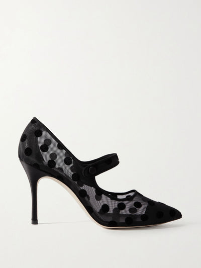 Manolo Blahnik Black polka-dot mesh Mary Jane pumps at Collagerie