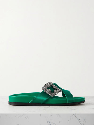 Manolo Blahnik Emerald buckled satin slides at Collagerie