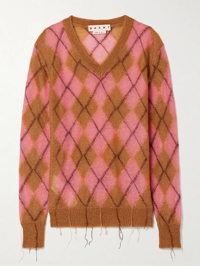 Marni Fringed mohair-blend Argyle sweater at Collagerie