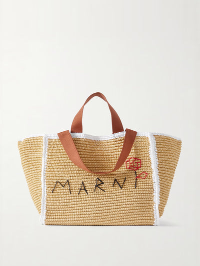 Marni Sillo medium webbing-trimmed embroidered raffia tote bag at Collagerie